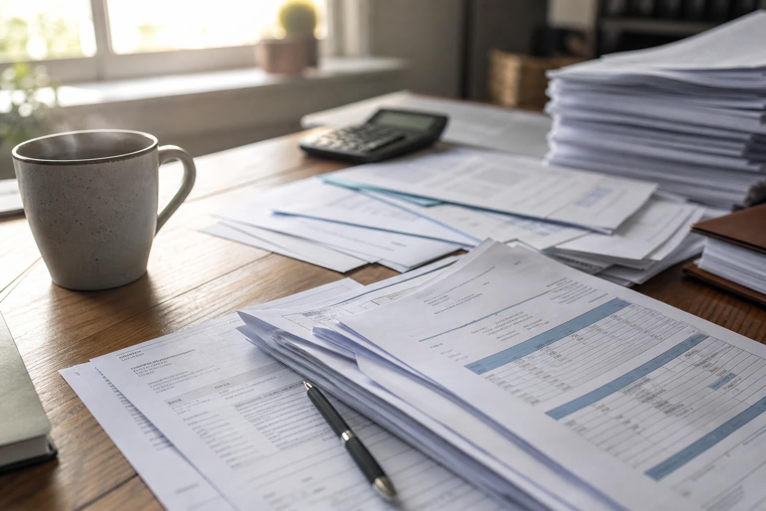 Bureau avec documents comptables et café